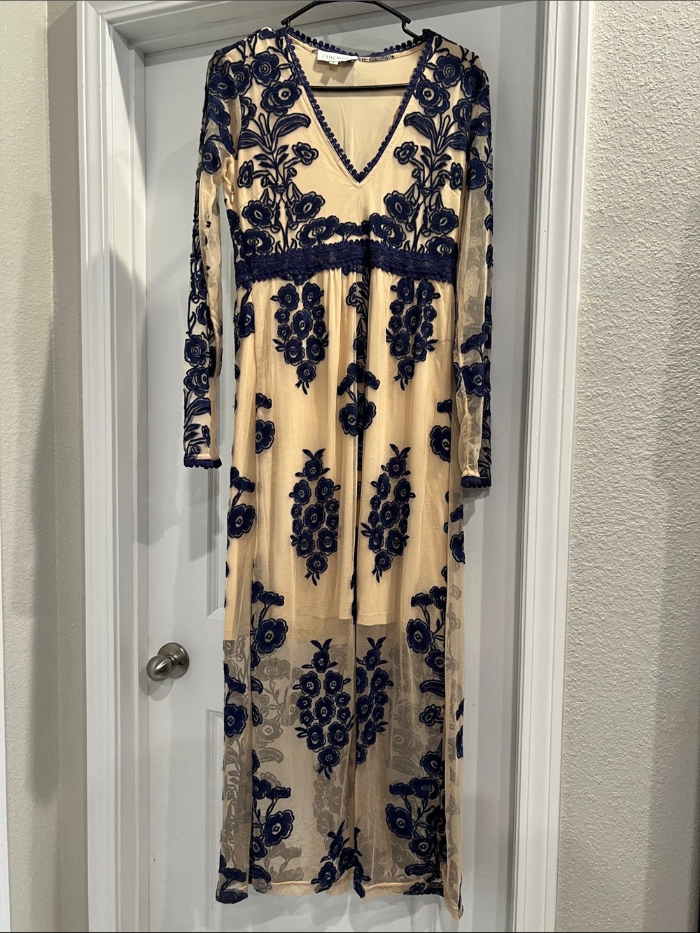 Chicwish Navy Embroidered Sheer Maxi Dress on Nude Base